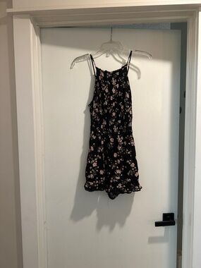 American Eagle Outfitters Black Floral Romper with Pink Flowers